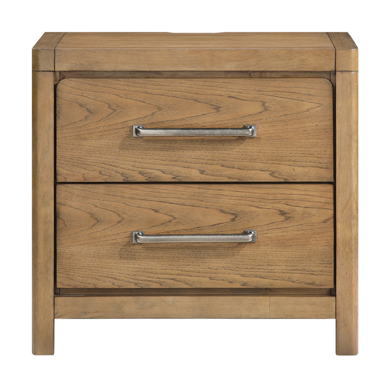 Table de chevet brune à 2 tiroirs, prises de courant pour chambre à coucher, poignées à glissières élégantes et contemporaines, avec 2 poignées modernes sans installation