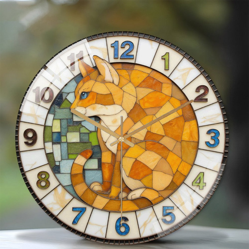 Stained Glass Cat Wall Clock Decorative Home Art 39 Character Art - 12'' Modern Glass Wall Clock
