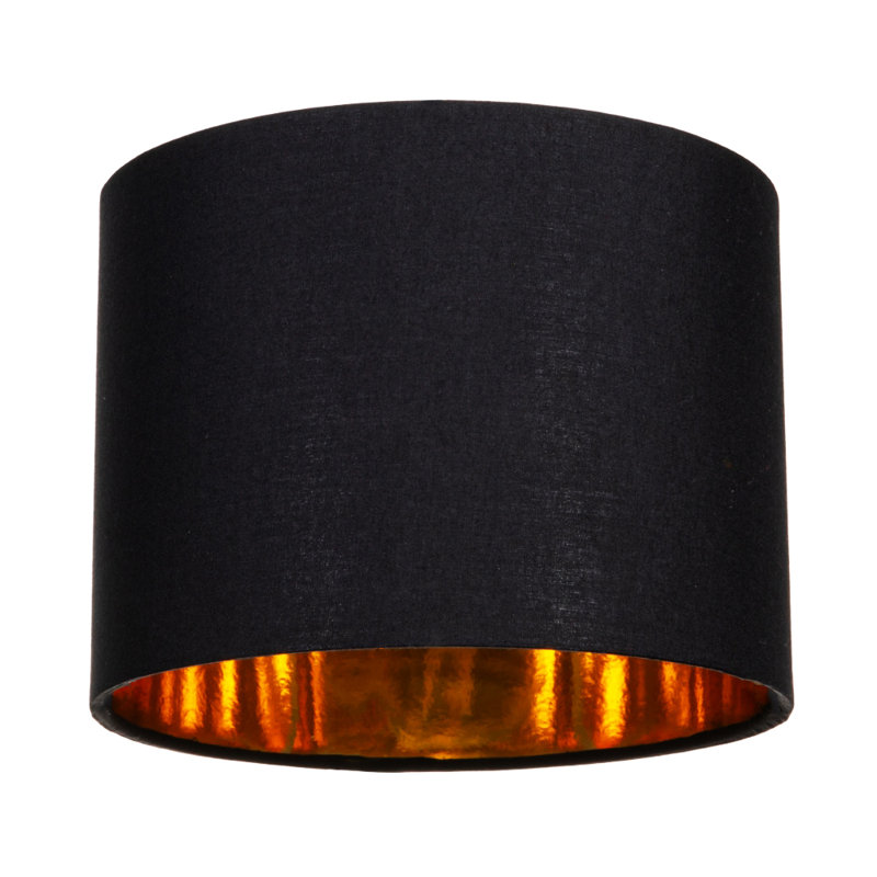 Contemporary Cotton Lamp/Light Shade with Shiny Paper Inner, Black/Gold, 18cm H x 25cm W x 25cm D