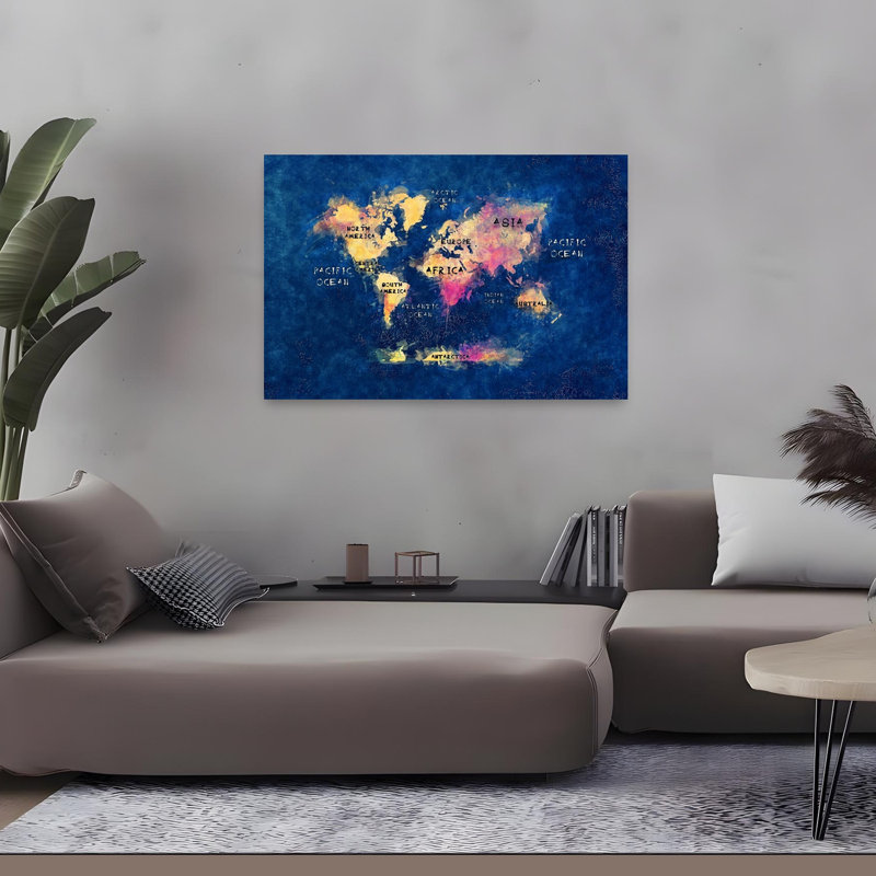 Carte du monde, art mural contemporain, H 32 po x l 48 po, Blue/Pink/Yellow