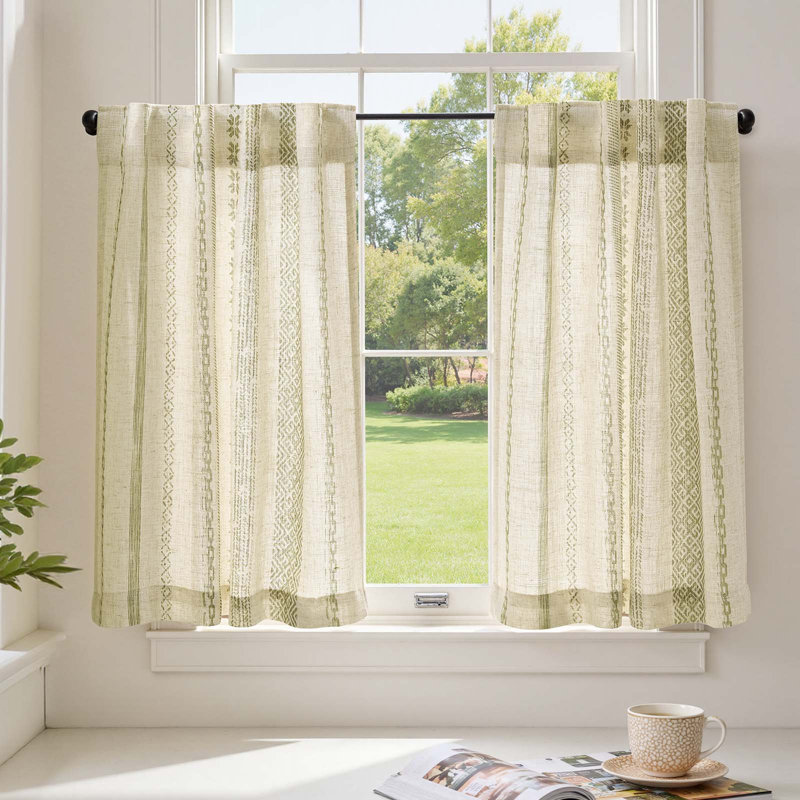 Rideaux bohème à motif géométrique en mélange de lin, 26" W x 30" L, Grey on Beige