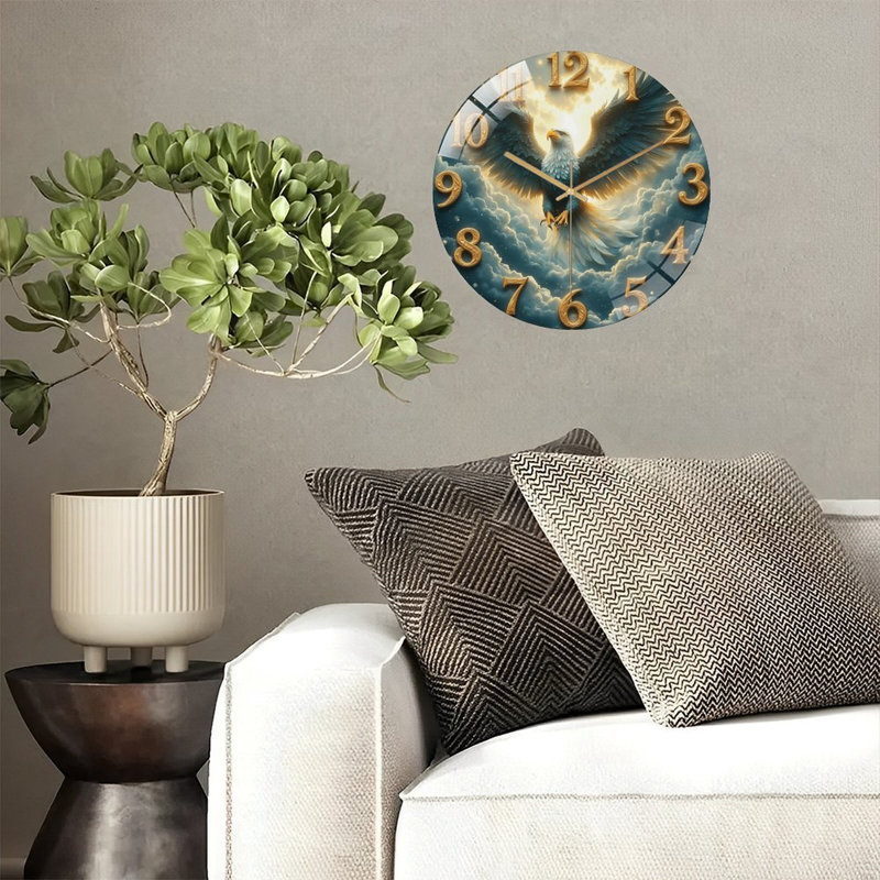 Horloge murale aigle avec chiffres dorés et nuages - horloge murale moderne en verre 12 po