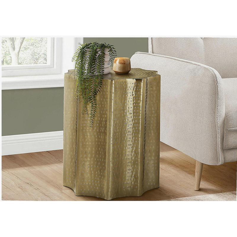 Table de bout d'appoint en métal doré, de style tambour pour chambre à coucher de salon, 20 po x 22 po, chambre à coucher contemporaine moderne avec texture martelée H 22 po