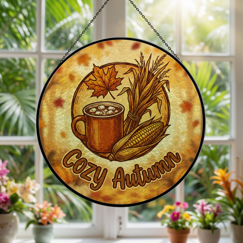12"H Cozy Autumn Stained Glass Window Panel
