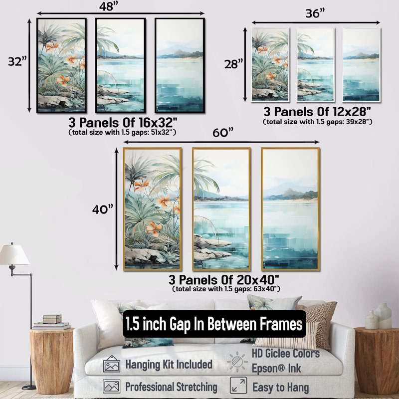 Erlich - Ensemble d'art mural bord de mer tropical, H 40 po x l 60 po x P 1 po, Cadre naturel flottant