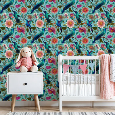 Peel and Stick Wallpaper Colorful Hummingbirds Flowers Light Blue Contact Paper Removable Self Adhesive Wall Mural Wall Decor for Bedroom Kitchen Cabinets 17.7in x 118in