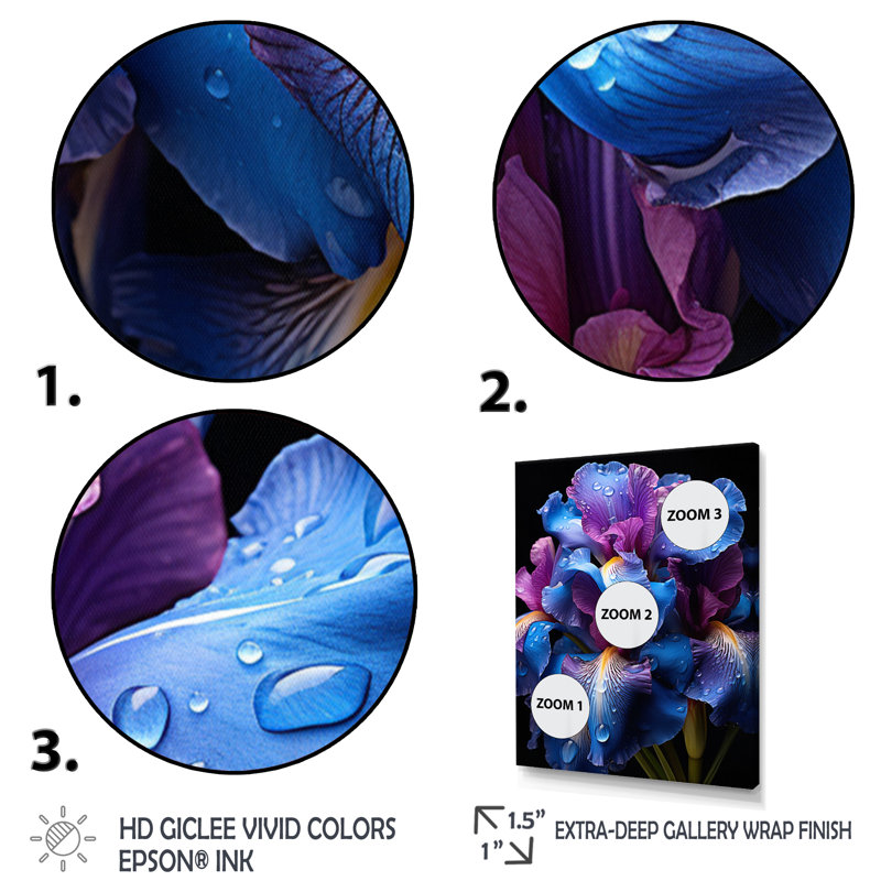 Iris mauve bleu irisé - art mural floral, salon, H 20 po x l 12 po x P 1 po, Cadre photo noir
