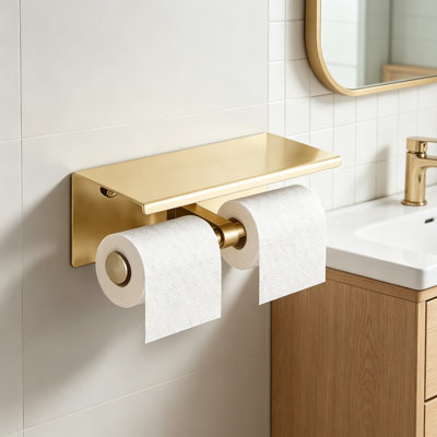 Dual Roll Toilet Paper Holder With Phone Shelf And Storage Rack, Wall Mounted Stainless Steel Bathroom Tissue Dispenser With Modern Brushed Gold Finish