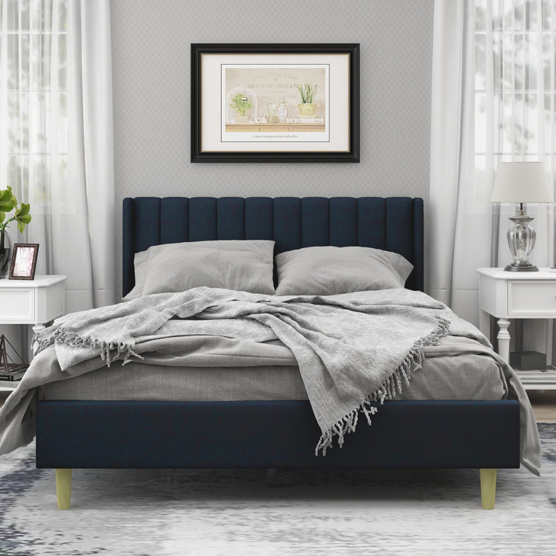 Eriksay Low Profile Upholstered Platform Bed with Wingback Headboard, Queen, Dark Gray Linen
