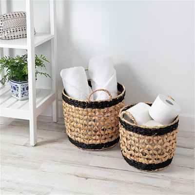 Set Of 2 Round Decorative Wicker Baskets With Handles, Natural/Black Natural