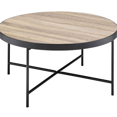 Table basse industrielle, grise et noire, forme ronde avec base en métal