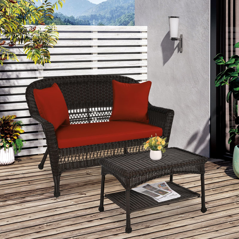Nathanael 2 - Person Patio Conversation Set with Cushions, Espresso, Red Orange