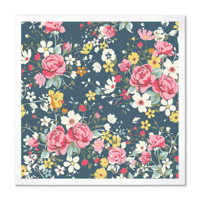 Roses rétro et jaune sur bleu marine - Impression sur toile