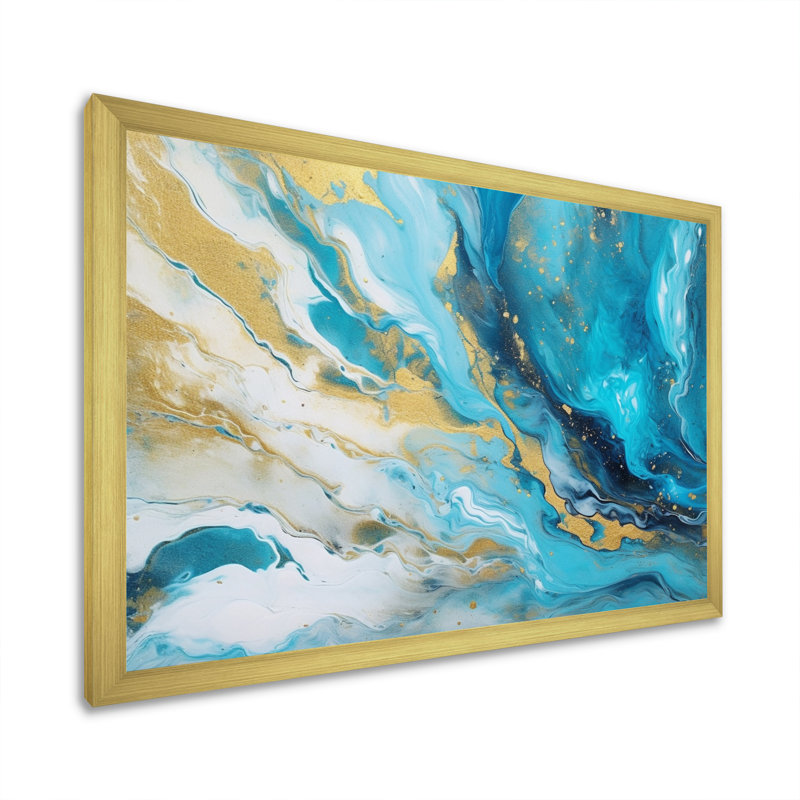 Impression sur toile turquoise et or infusé III, Cadre doré simple, H 16 po x l 32 po x P 1 po