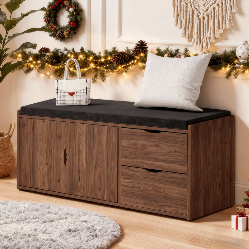 40" Entryway Shoe Storage Bench With Cushion Seating, Rustic Wood Shoe Bench With Drawers and Adjustable Shelf