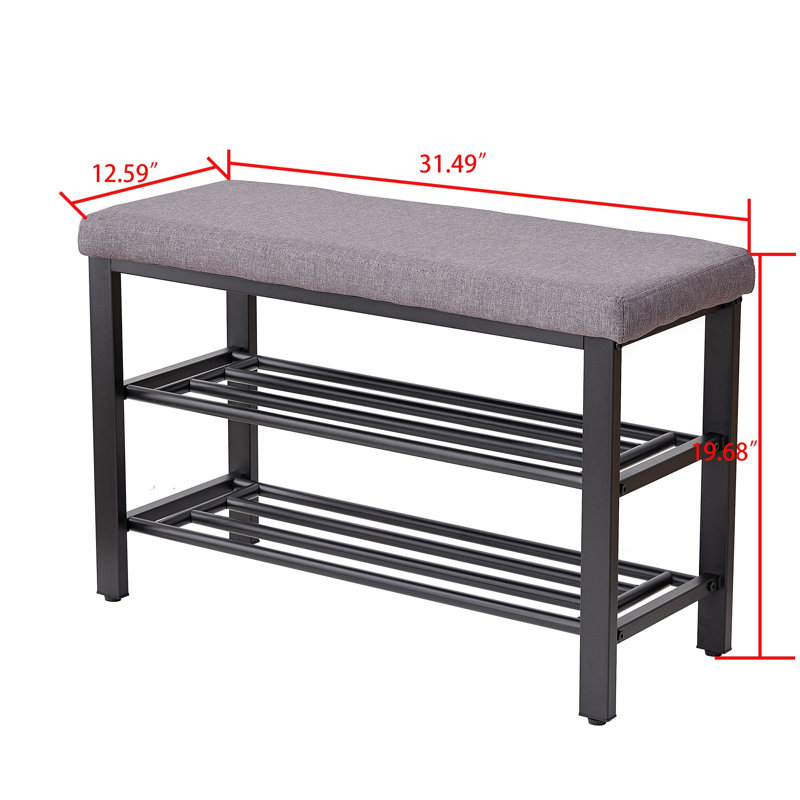 Modern Style Small Shoe Bench, 3-Tier Shoe Rack, with PU Seat Cushion And Metal Mesh Shelves, Gray