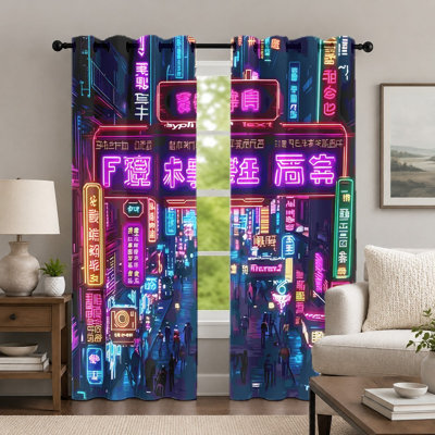 2Pcs Neon City Street Sign Curtains, Cyberpunk Style Print Curtain, Cool Night View Urban Vibe Decorative Grommet Drapes, Window Treatment for Bedroom Living Room Decor