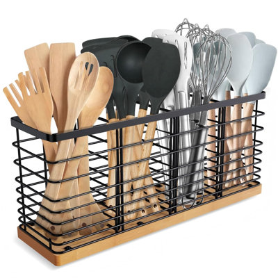 Très grand comptoir pour ustensiles de cuisine avec 4 compartiments, support en métal avec base en bois pour le comptoir, organisateur d'ustensiles de ferme (noir)