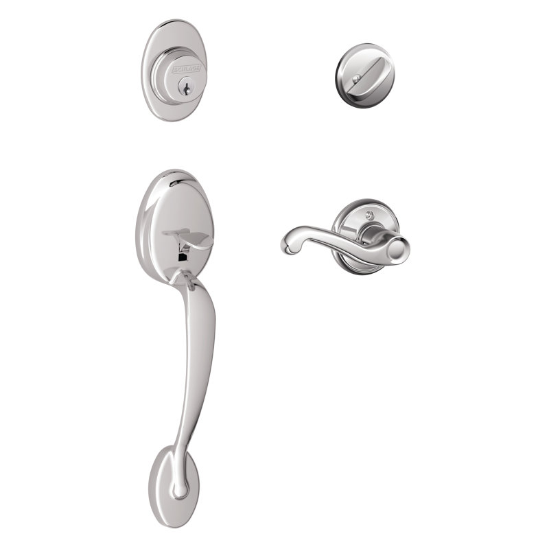 Plymouth Handleset with Deadbolt and Flair Door Lever and Rosette, Bright Chrome, Left Hand
