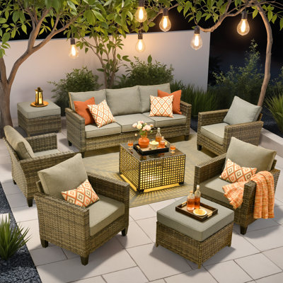 All - Weather Wicker Outdoor Furniture SetComfortable 8- Piece Patio Seating Group with Sofa & Illuminated Coffee Table by XIZZI