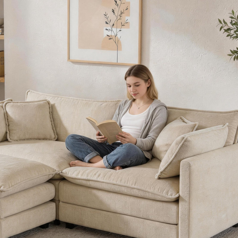 Canapé modulaire 70 po en L chenille 70 po avec repose-pieds pour petits espaces, Chenille café clair