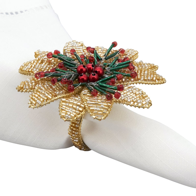 Gold Beaded Flower Design Napkin Rings, Set of 4
