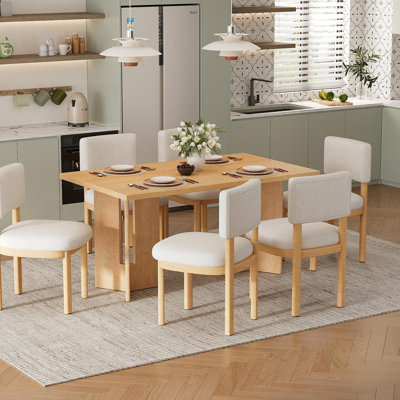 Farmhouse Wood Dining Table Set For 6 With 6 Upholstered Chairs, 60" Rectangular Dining Table With Cutout Table Legs For Dining Room, Kitchen And Livi