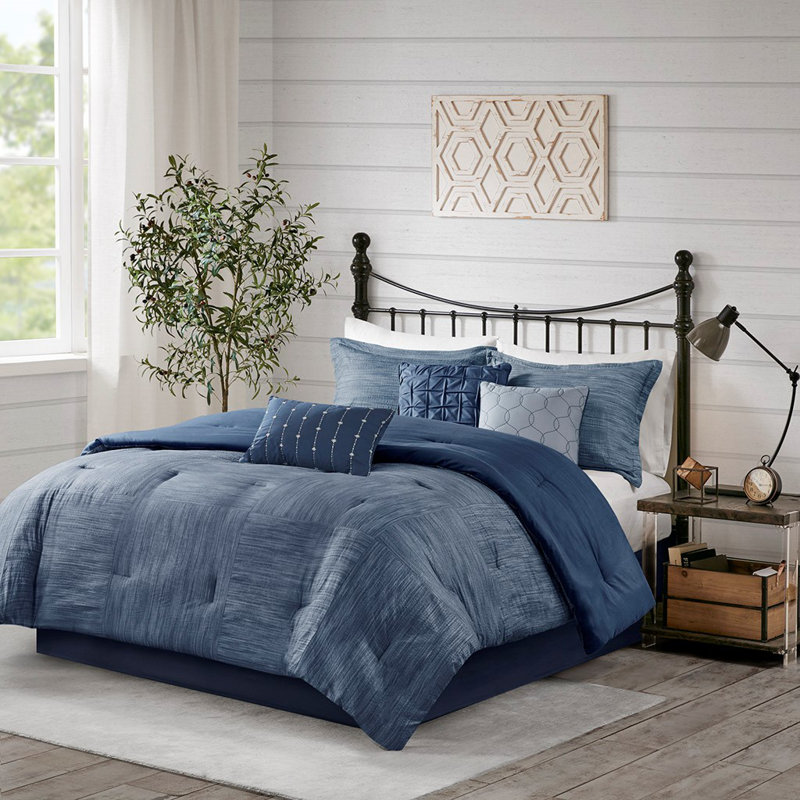 Ensemble d'édredon pour grand lit 7 pièces HOOSENG | Seersucker imprimé | Marine, Bleu marine