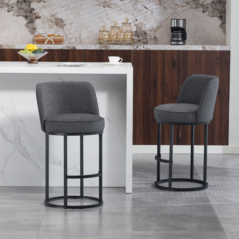 Counter Height Bar Stools Set of 2, Modern Barrel Design with Backrest, Linen Fabric Upholstered for Kitchen Island Comfort