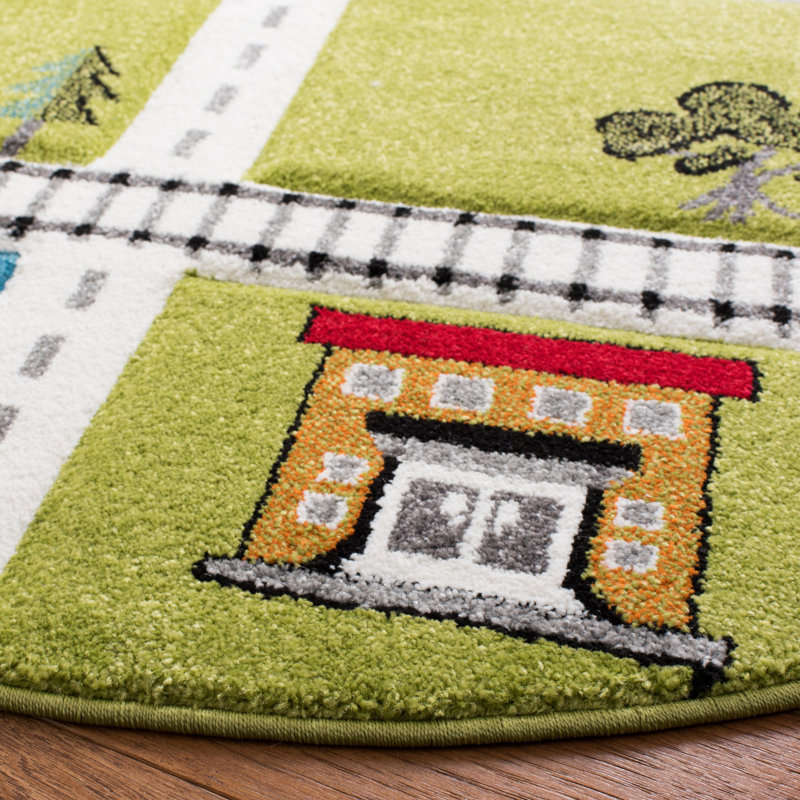 Green and Ivory Round Kids Train Track Area Rug