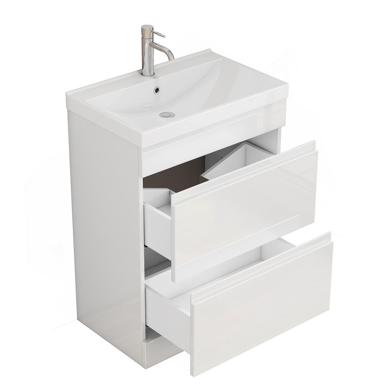 Meuble-lavabo blanc brillant 24 po avec lavabo, tiroirs à fermeture en douceur, conception sans poignée et lavabo en céramique à rebords épais