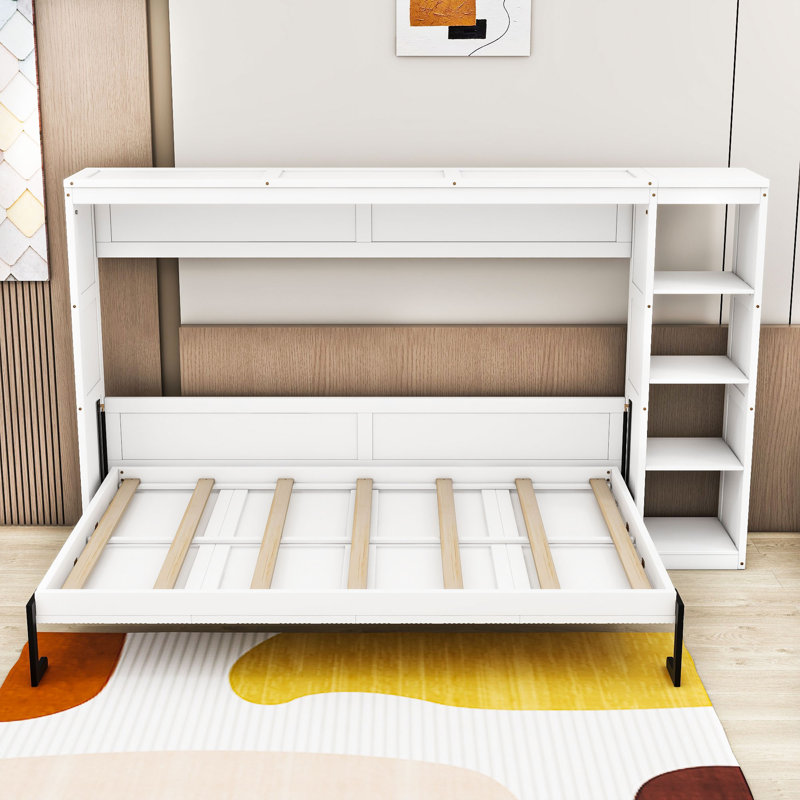Lit escamotable en bois avec bibliothèque, Double, Blanc