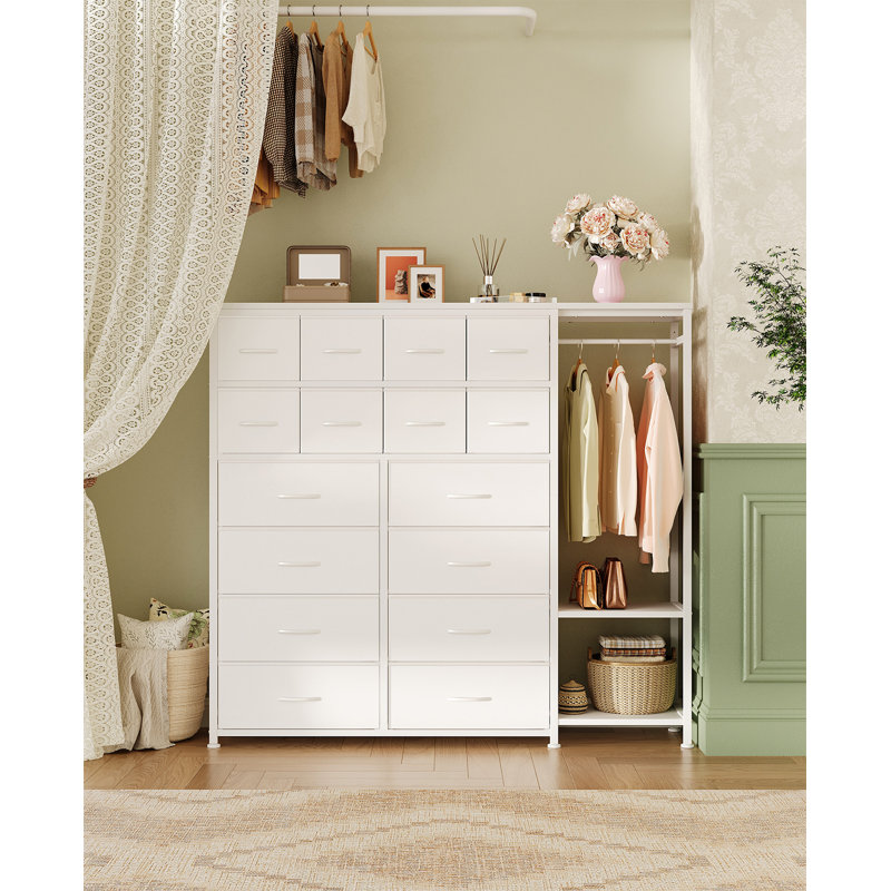 Commode 16 tiroirs avec portemanteau, unité de rangement en tissu, Blanc / blanc