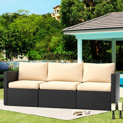 3-Seater PE Rattan Outdoor Patio Sofa with Height Adjustable Foot Pads & Thick Detachable Cushions, All-Weather Wicker Couch, Leisure Outdoor Seating Furniture for Garden, Backyard, Poolside, Porch, Balcony (Beige)