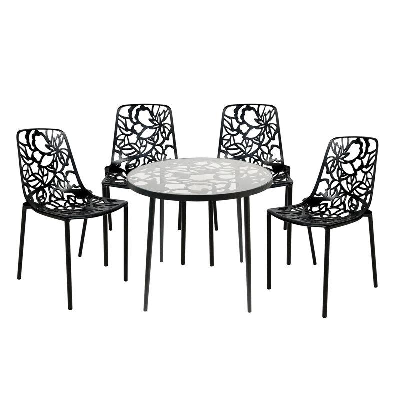 Houser 5-Piece Dining Set with Round Glass Dining Table and 4 Dining Side Chair in Aluminum, Black