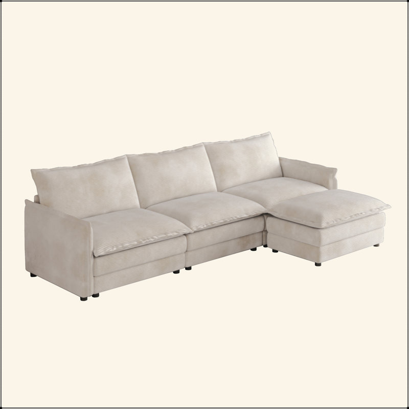 Canapé en velours côtelé confortable à 3 places en velours côtelé avec repose-pieds mobile pour le salon, ensemble de canapé en L surdimensionné à assise profonde, canapé rembourré en forme de L à assise profonde de grande taille avec 3 coussins
