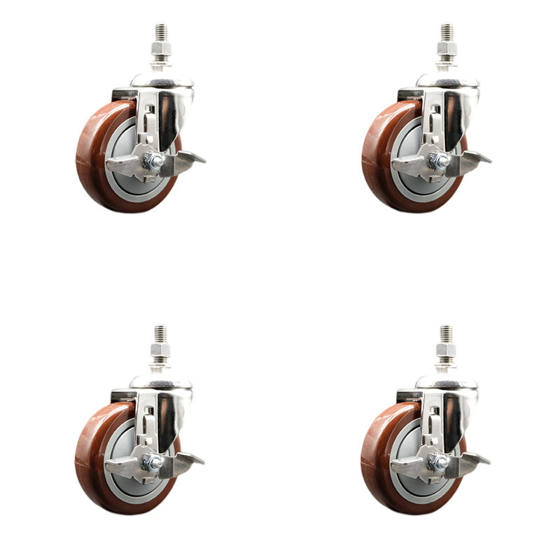 Ensemble de frein à roulettes à tige filetée en polyuréthane 4 pouces 316SS marron 4 mm