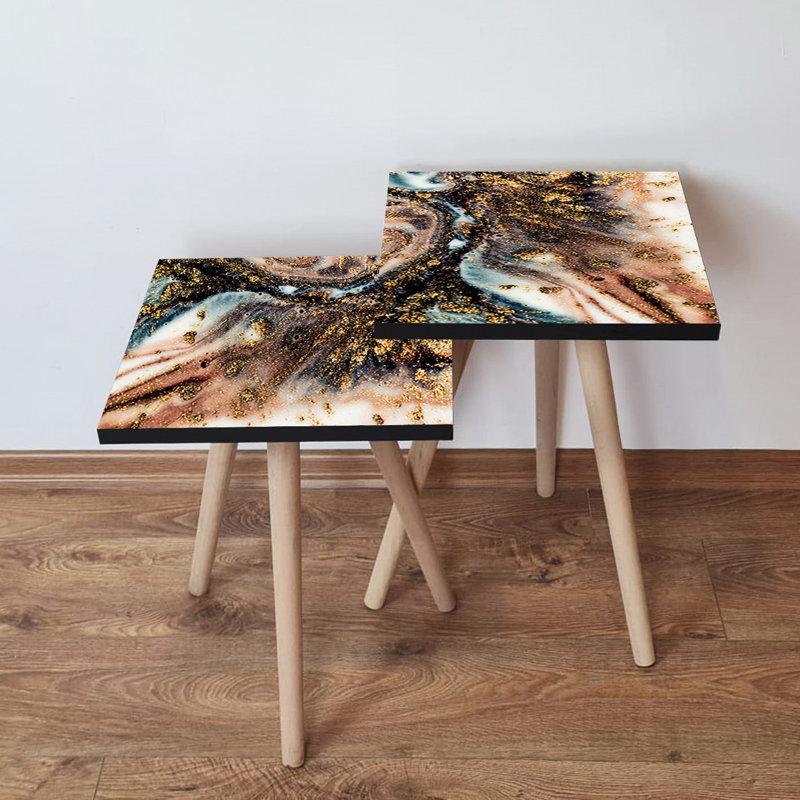 Elegant Marble Nesting Table Set (2 Pieces), Abstract Design, 13.8 x 18.5 x 13.8 inches & 13.8 x 16.5 x 13.8 inches | 100% MDF with Beech Wood Legs, Sturdy & Stylish for Living Room, Modern Home Décor