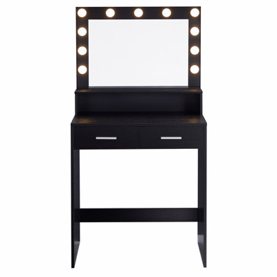 Bureau de coiffeuse avec miroir et lumières, coiffeuse avec grand tiroir, commode de rangement à 2 niveaux et 3 modes d'éclairage à luminosité réglable, convient à la chambre à coucher (noir)