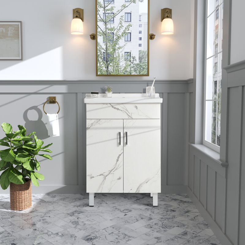 Compact Storage Solid Wood Marble Vanity Elegant Style For Small Bathroom