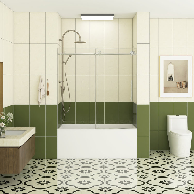 56 à 60 po X P 60 po H Porte de baignoire coulissante sans cadre au fini nickel brossé avec verre trempé transparent