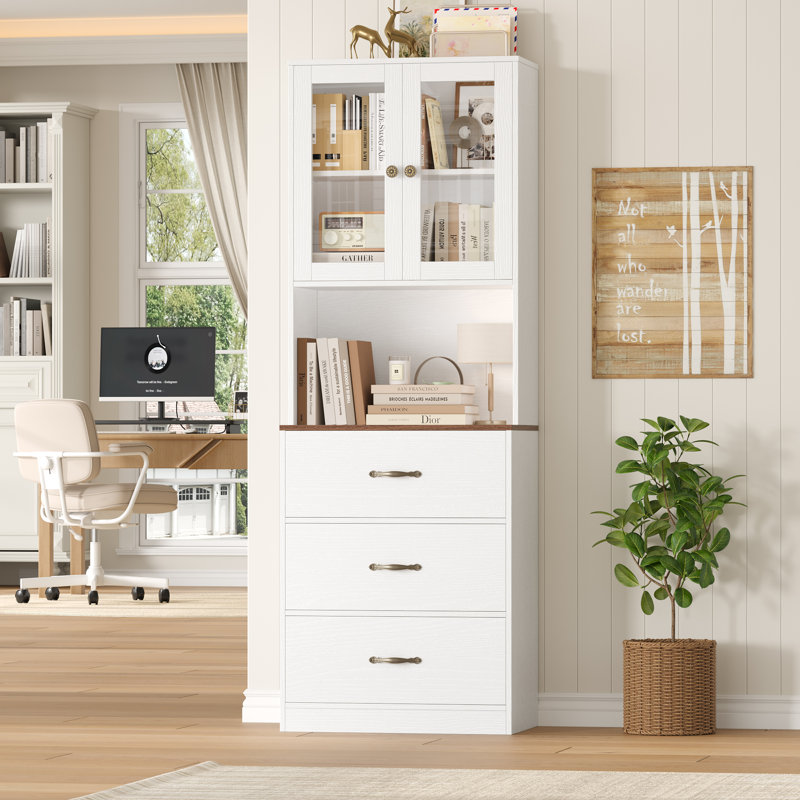 70.9"H × 23.6"W Tall Bookcase With 3 Drawers, Adjustable Shelves&Cable Cutout, Embossed White
