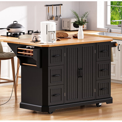 K&K 56 inch Kitchen Island with Rubber Wood Veneer Drop Leaf, Power Outlet, 4 Door Shelves, Embossed Vertical Stripe Rolling Kitchen Cart on 4 Wheels with 6 Deep Drawers for Kitchen, Dining Room