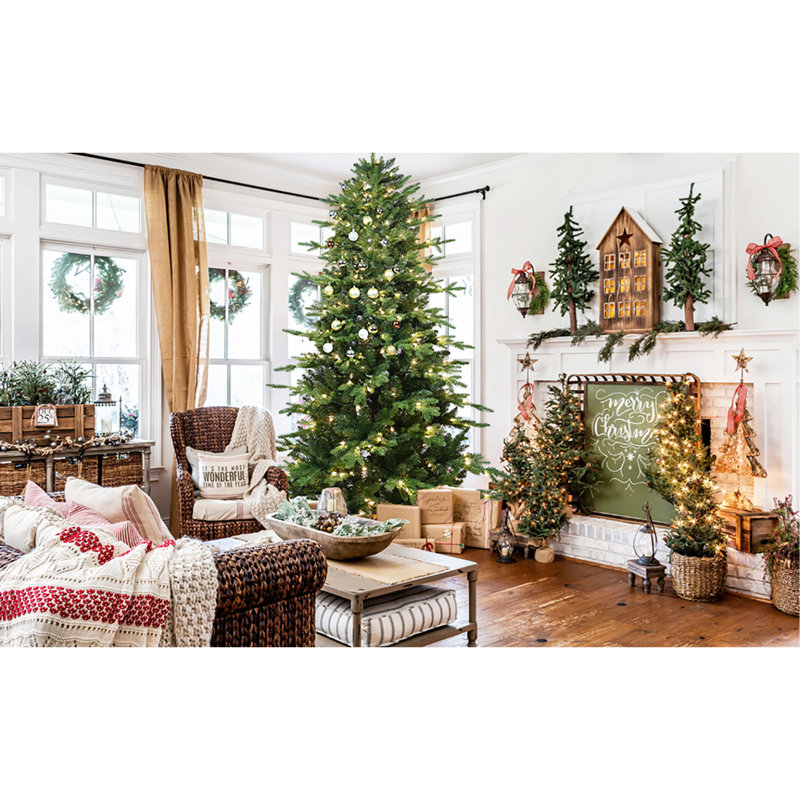 Arbre de Noël 7,5 pi en PVC vert + PE avec 450 lumières UL blanc chaud - 2856 pointes, branches articulées, aiguilles réalistes, support en métal robuste, assemblage facile