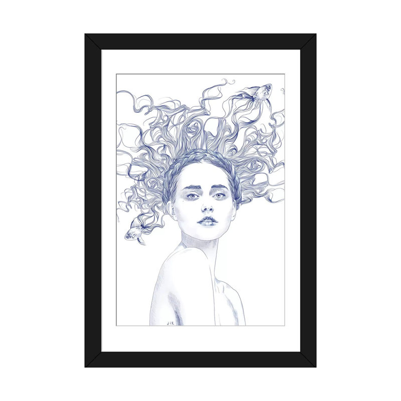 « blue summer », impression sur toile tendue, H 24 po x l 16 po x P 1 po, Papier avec cadre noir, Blanc