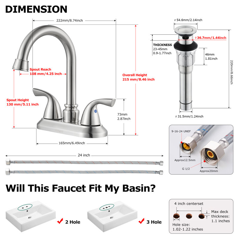 Robinet pour salle de bain à 2 poignées avec ensemble de drain Centres, nickel brossé, Nickel brossé