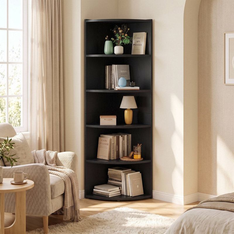 Finkel 66.9" H x 17.2" W Fan-Shaped 6-Tier Corner Bookcase, Wooden Opening Bookshelf, Black