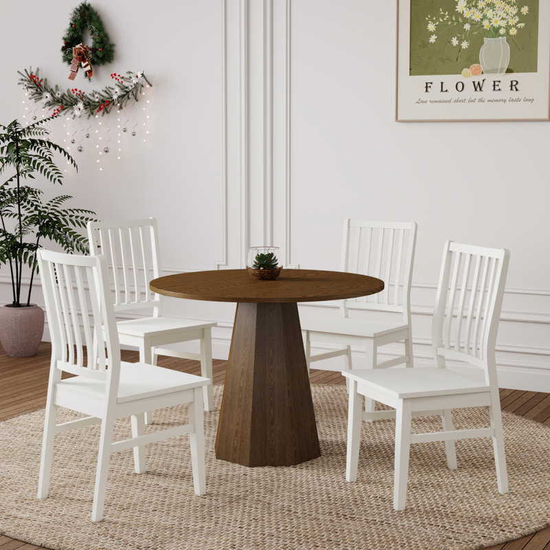 Round Dining Table Set, Mid Century Modern Small Round Dining Table Set, White, Walnut