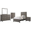 Chambre à coucher simple de style transitionnel avec 5 pièces en placage de chêne gris, construction moderne, lit, table de chevet, commode, miroir, chiffonnier. Design, couleur, rainures noires, fonction de rangement.