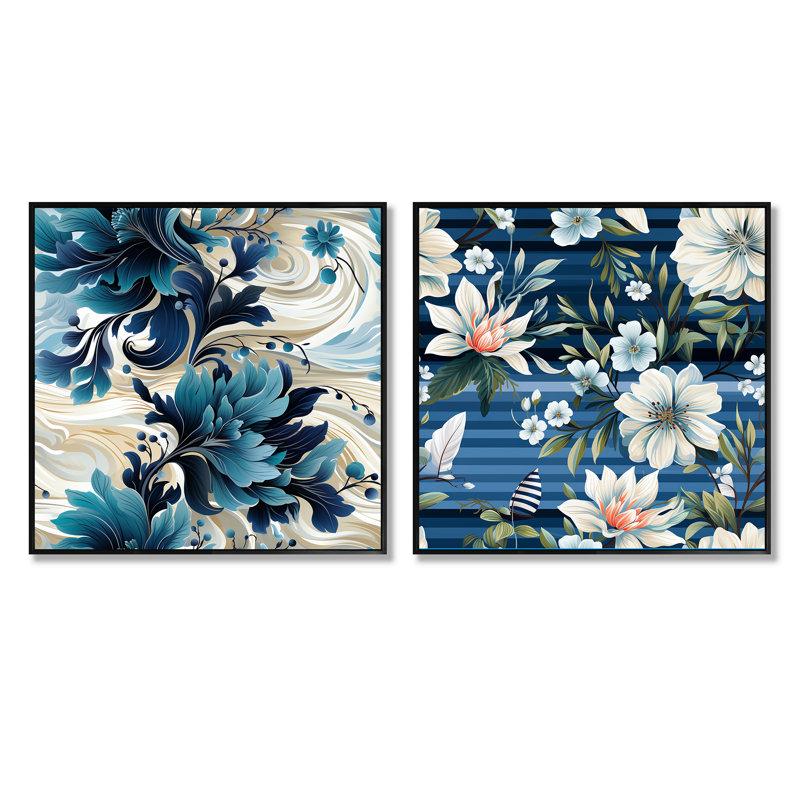 Manon - Ensemble de 2 collages carrés botaniques abstraits, Cadre flottant noir, H 16 po x l 33 po